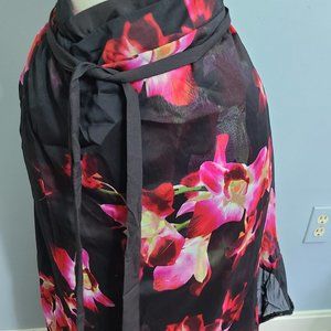Pink Bold Print Chiffon Skirt Side Ruffle Detail Belted NWT Sz 2X Amer Glamour